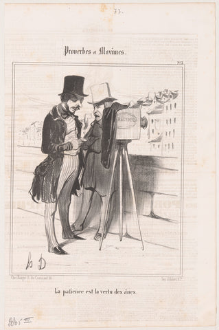 Photographer with photo camera looks at his pocket watch, Honoré Daumier, 1840 Canvas Print