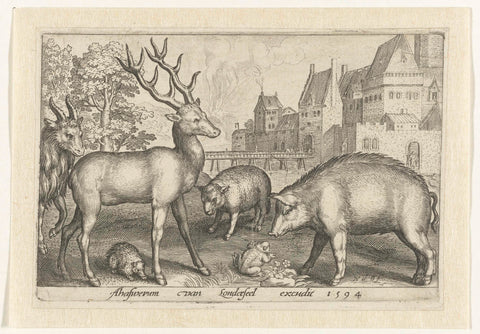 Deer, hedgehog, sheep, frog and pig, Nicolaes de Bruyn, 1594 Canvas Print