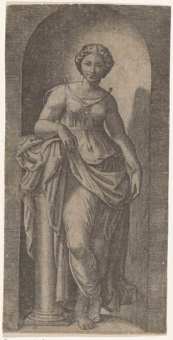 Woman as personification of Force (Fortitudo) leaning on column standing in niche, Marcantonio Raimondi, 1510 - 1527 Canvas Print