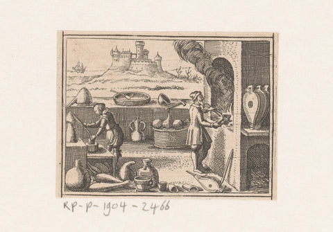 Workshop with stove and castle in the background, Daniel Sudermann, 1624 Canvas Print