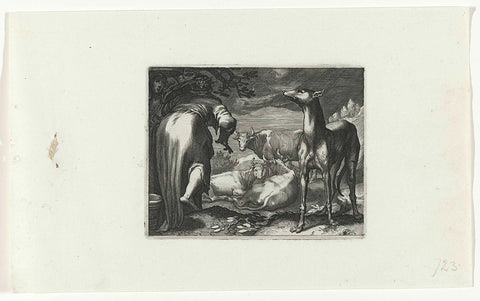 Two women and dog in cows, anonymous, 1611 - 1650 Canvas Print