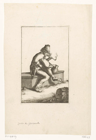 Farmer sitting on wall with pipe and jug of beer, Cornelis Danckerts (I), 1613 - 1656 Canvas Print