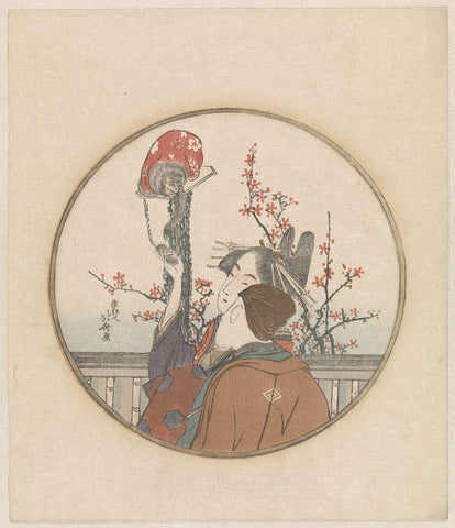 Couple with monkey and blossom branch, Katsushika Hokusai, c. 1890 - c. 1900 Canvas Print