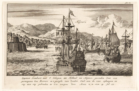 Captain Lambert Hendrikszoon has 125 pirates hanged from the ra's of his ships or thrown into the sea in front of the port of Algiers, c. 1619, Jan Luyken, 1682 - 1684 Canvas Print