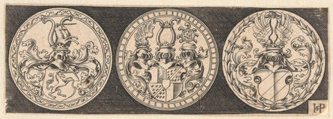 Three designs for tokens with weapons on shields, Hans Sebald Beham, 1510 - 1599 Canvas Print