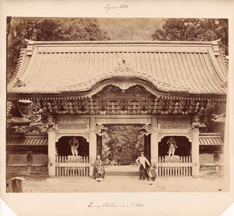 Western-clad man and two monks at the Yashamon gate at the temple complex near Nikko, Japan, anonymous, 1884 Canvas Print