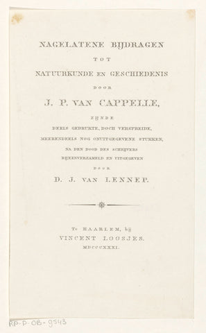 Title page for: J.P. van Cappelle, Bequeathed contributions to physics and history, 1831, anonymous, 1831 Canvas Print