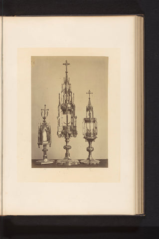 Three metal monstrances, exhibited at an exhibition on religious objects from the Middle Ages and Renaissance in 1864 in Mechelen, Joseph Maes, 1864 Canvas Print