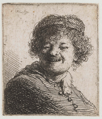 Self-portrait in a cap: laughing, Rembrandt van Rijn, 1630 Canvas Print