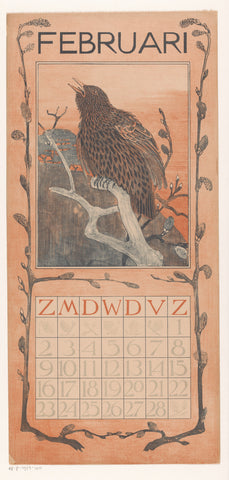 Calendar sheet February with starling, Theo van Hoytema, 1901 Canvas Print