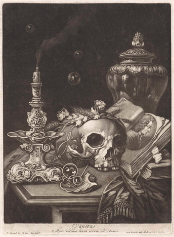 Vanitasstilleven with a flower-crowned skull, Pieter Schenk (I), 1670 - 1713 Canvas Print