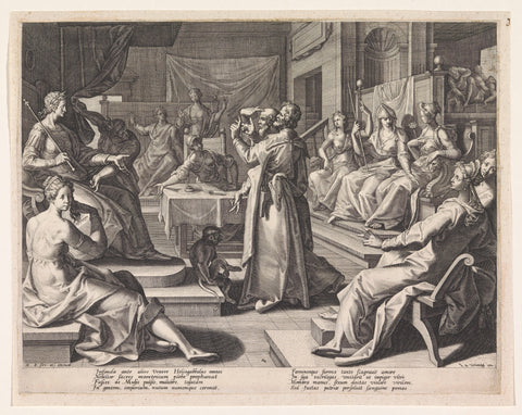 Emperor Heliogabal in debate with the philosophers, Raphaël Sadeler (I), 1589 Canvas Print