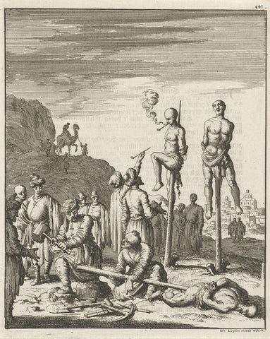 Figures impaled for punishment on a pole in Egypt, Jan Luyken, 1681 Canvas Print