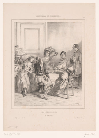 Five carnival revelers with the breakfast, Paul Gavarni, 1840 Canvas Print