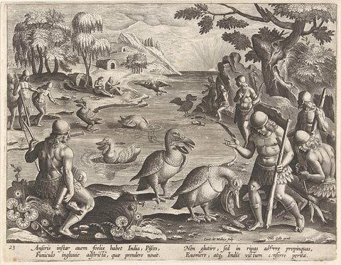 Indians Catching Fish with the Help of Pelicans, Karel van Mallery, 1594 - 1598 Canvas Print