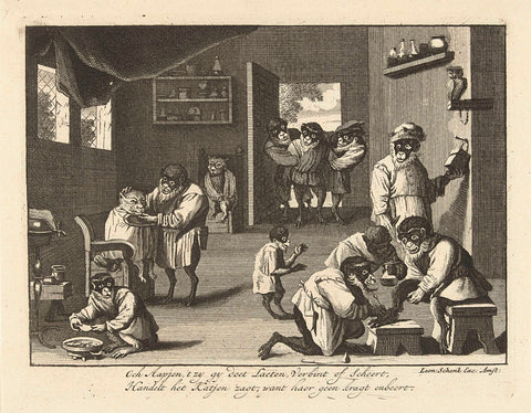 Monkeys and cats at the barber, Leonard Schenk (possibly), 1720 Canvas Print