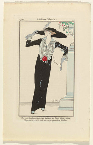 Journal des Dames et des Modes, 1912, Costumes Parisiens, no. 13: Fourreau de satin noir (...), anonymous, 1912 Canvas Print