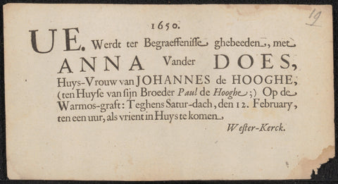 Invitation to the funeral of Anna van der Does, anonymous, in or after 1650 Canvas Print