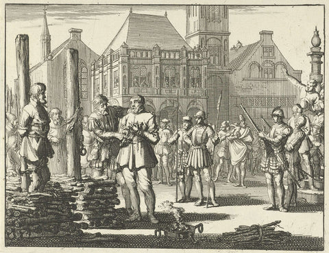 Pieter Pietersz. Bekjen with a fellow sufferer tied to the stake, is encouraged from the sidewalk of the Waag by Willem Jansz., 1569, Jan Luyken, 1693 Canvas Print