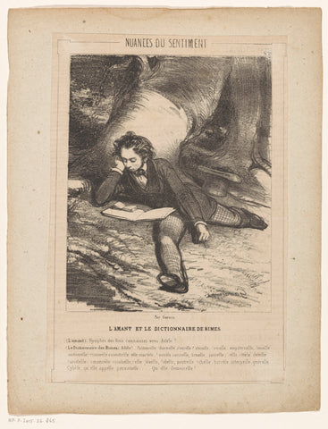 Young man in love with a rhyme dictionary under the foot of a tree, Paul Gavarni, in or before 1839 Canvas Print