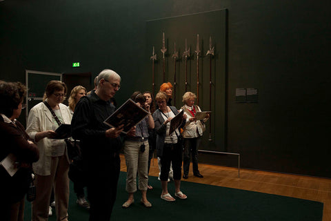 Visitors with a passageway in the background, four hellbezas and two partisans, 2009 Canvas Print