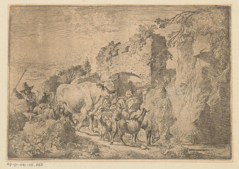 Shepherd with herd at a ruin, Christian Wilhelm Ernst Dietrich, 1740 Canvas Print