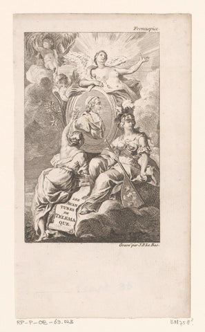 Minerva sat on a cloud with angels and a portrait medallion, Jacques-Philippe Le Bas, 1755 Canvas Print