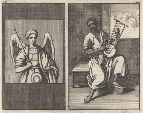 Angel with sword / Moor playing a five-stringed instrument, Jan Luyken, 1698 Canvas Print