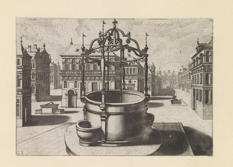 Round well with metal canopy on a town square, Johannes or Lucas van Doetechum, c. 1574 Canvas Print