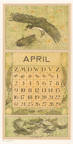 Calendar page April with two lapwings, Theo van Hoytema, 1915 Canvas Print