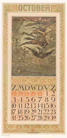 Calendar sheet October with flying ducks, Theo van Hoytema, 1908 Canvas Print