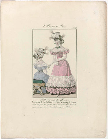 Petit Courrier des Dames, 15 February 1827, No. 449 : Satin dress garnished with a bouffant (...), anonymous, 1827 Canvas Print