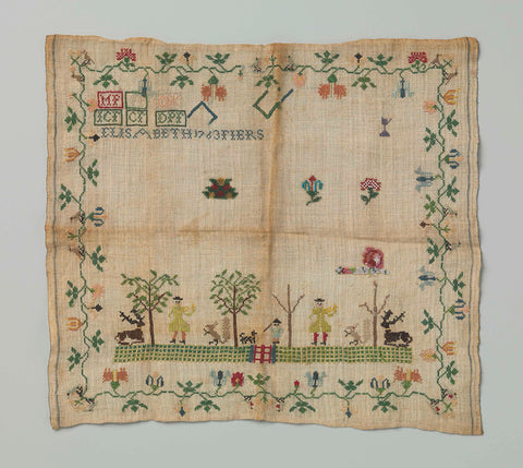 Sampler of linen with flesh silk with scenes within a flower border, Miss Fiers, 1763 Canvas Print