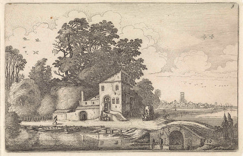 House by a stone bridge in a river landscape, Jan van de Velde (II), 1616 Canvas Print