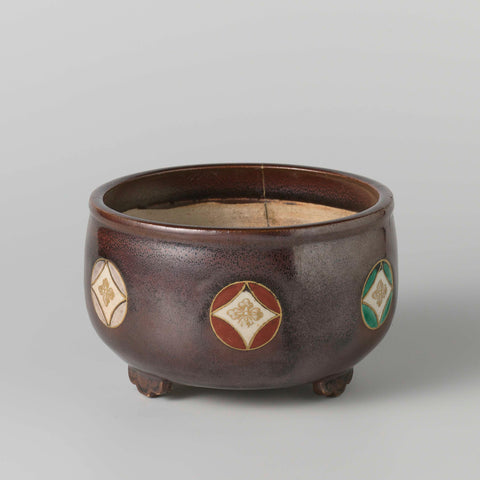 Incense burner with a 'tea dust' glaze and roundels with flowers, anonymous, c. 1850 - c. 1899 Canvas Print