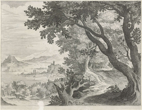 Landscape with two figures under a tree, Aegidius Sadeler, 1580 - 1629 Canvas Print