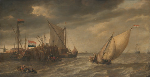 Travellers Disembarking at a Jetty on the Scheldt in Strong Winds, Bonaventura Peeters (I), c. 1635 Canvas Print