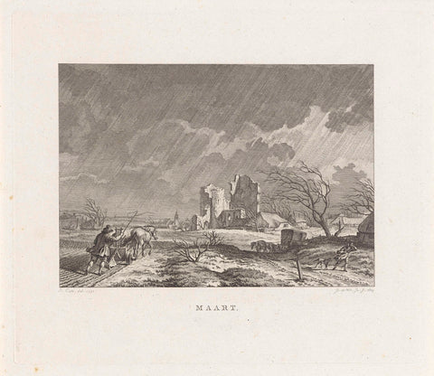 Landscape with a ruin and a plowing farmer in the rain, Izaak Jansz. de Wit, 1807 Canvas Print