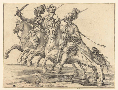 Three Horsemen with Raised Swords, Turning Right, Jacob de Gheyn (II) (workshop of), 1599 Canvas Print