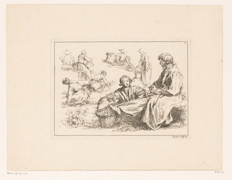 Six gardening figures with two seated figures in the foreground, François Boucher, c. 1735 Canvas Print