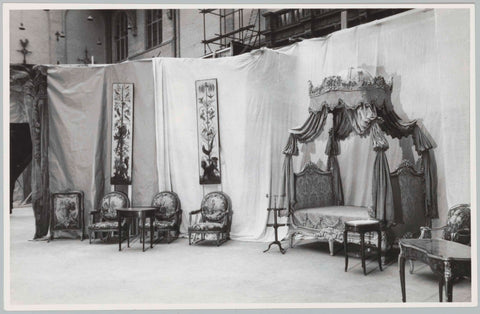 Various objects including four-poster bed (lit à la Polonaise), armchairs and wall decoration, against background of rags of fabric, 1957 Canvas Print