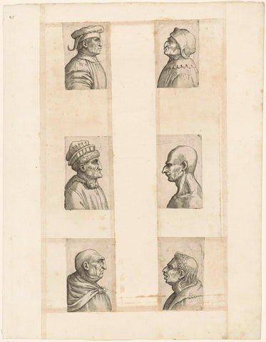 Six Caricature Heads, Battista Franco (attributed to), 1530 - 1561 Canvas Print