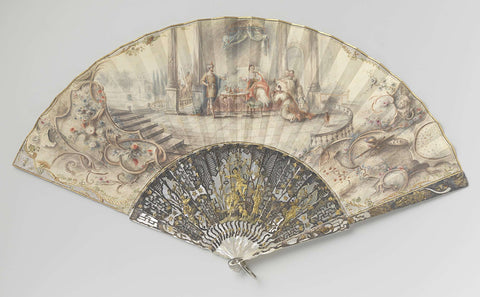 Folding fan with leather top on which with gouache Haman in disgrace at Ahasverus, on a frame with carved and embossed mother of pearl with 'métal en quatre couleurs', anonymous, c. 1750 Canvas Print