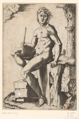 Sitting naked man with a flute, Marcantonio Raimondi (possibly), 1510 - 1527 Canvas Print