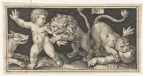 Lion and lioness tear up putti, Nicolaes de Bruyn, 1594 Canvas Print