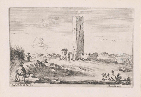 Ruin of tower in flat landscape, Stefano della Bella, 1620 - 1664 Canvas Print