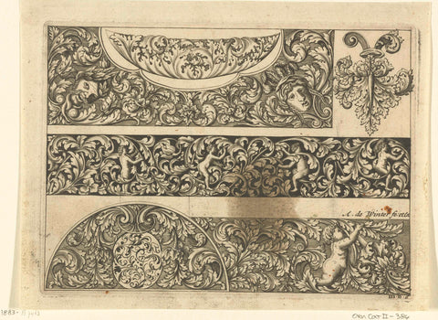 Three strips with leaf vines, masks and putti, Anthonie de Winter, 1696 Canvas Print