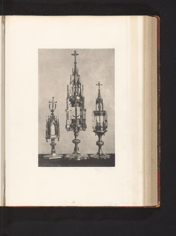 Three metal monstrances, exhibited at an exhibition on religious objects from the Middle Ages and Renaissance in 1864 in Mechelen, Joseph Maes, 1864 - in or before 1866 Canvas Print