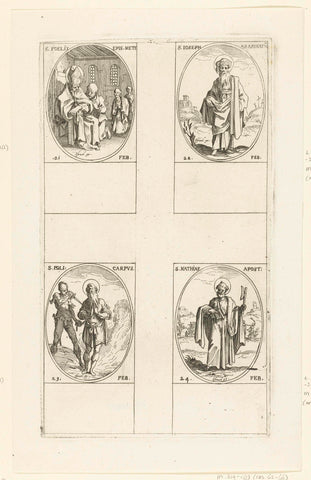 Heilige Felix van Metz, Heilige Jozef van Arimathea, Heilige Polycarpus, Heilige Matthias (21-24 februari), Jacques Callot, 1632 - 1636 Canvas Print