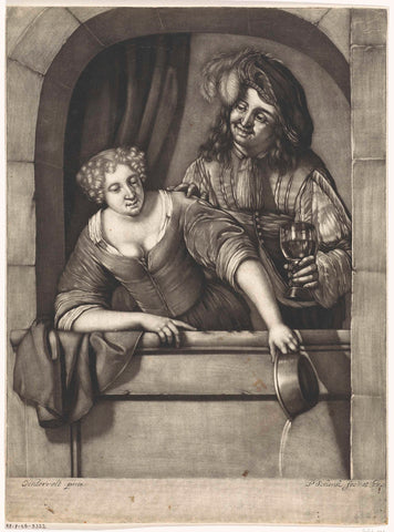 Woman and man in a window, Pieter Schenk (I), 1670 - 1713 Canvas Print